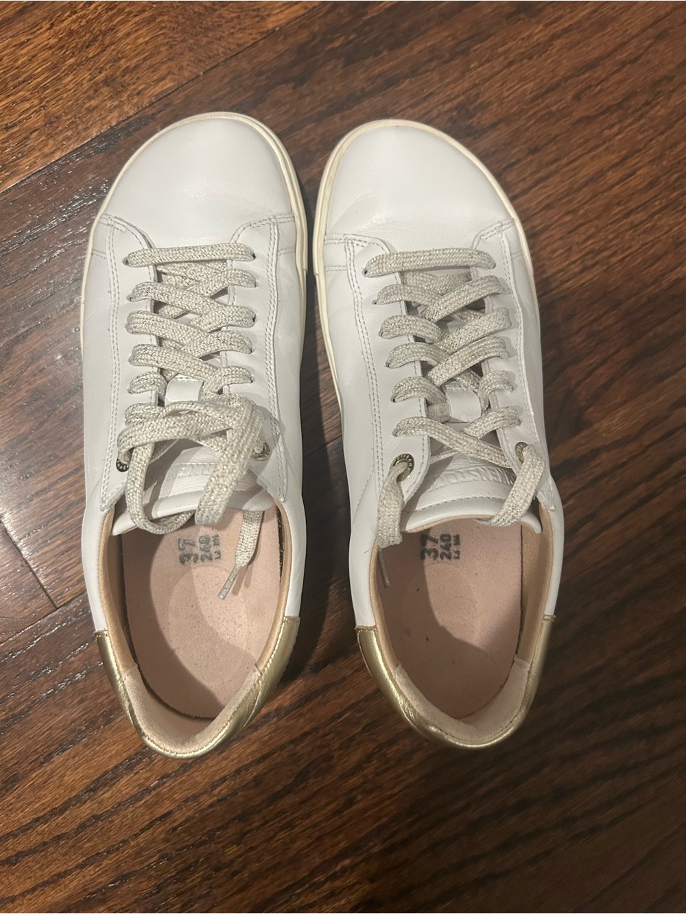 Birkenstock Bend Low White Leather Sneakers with Gold Heel Accents